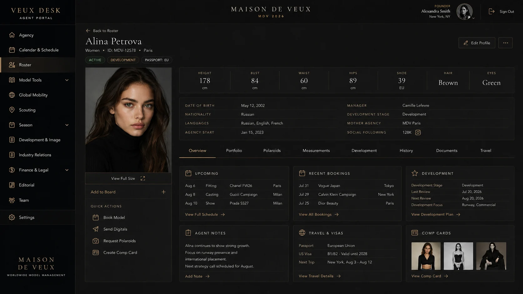 Model 360 profile showing portfolio, measurements, travel and model tools